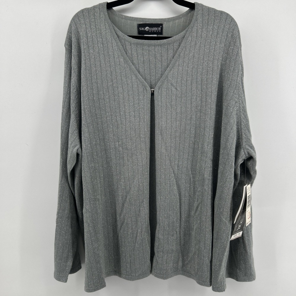 NWT Sag Harbor Woman 3XL Gray Metallic Shimmer Ribbed Cardigan Classic Holiday